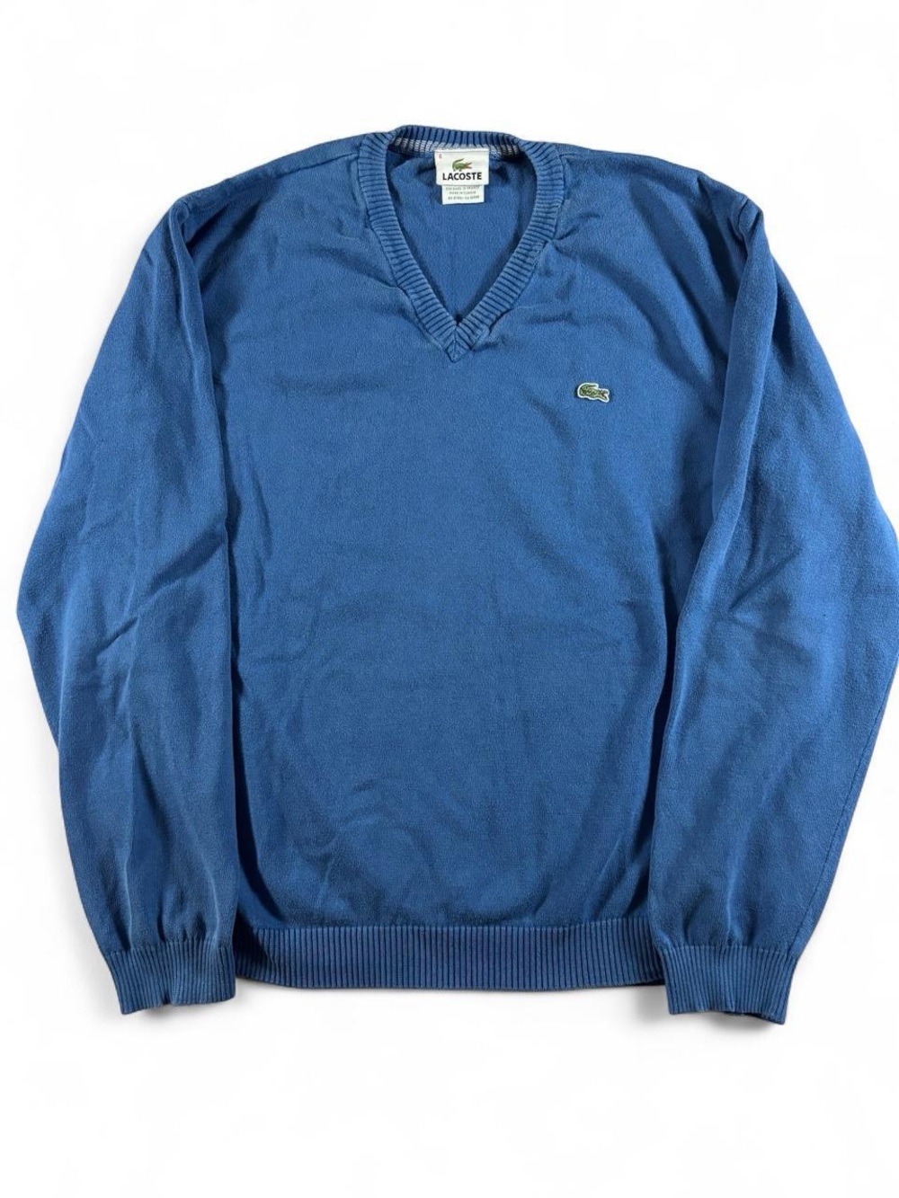 Vintage Lacoste V-Neck Cotton Knit Sweater Size 6 (Medium) Blue Crocodile Logo